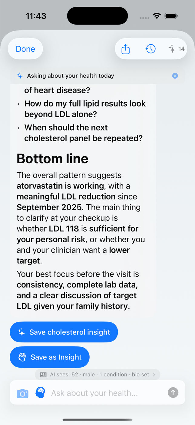 HealthTimeline AI chat explaining a health concern and recommending medical evaluation