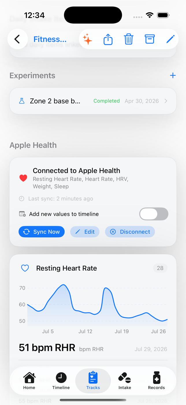 A HealthTimeline track connected to Apple Health, charting resting heart rate and sleep