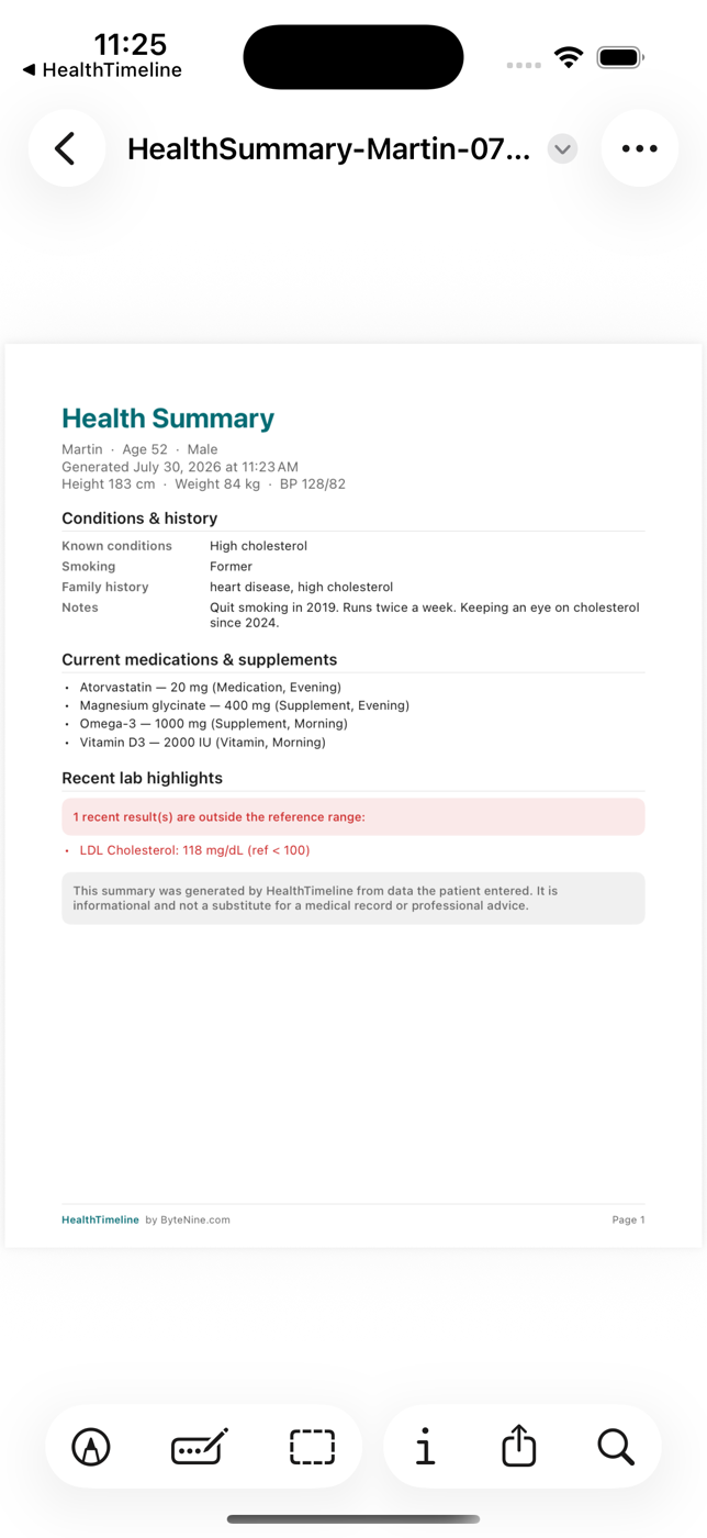 A generated HealthTimeline health summary PDF with conditions, medications and flagged lab results