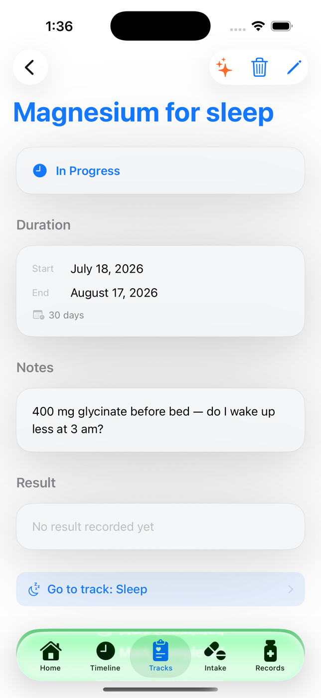 An experiment in HealthTimeline — Magnesium for sleep, in progress, running 30 days and linked to the Sleep track