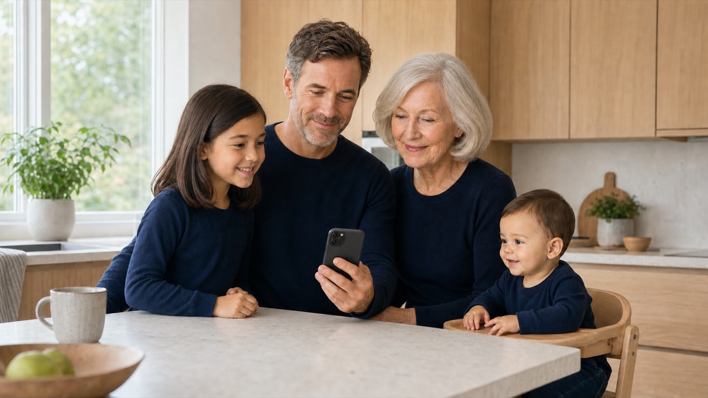 Three generations of a family looking at HealthTimeline together on a phone