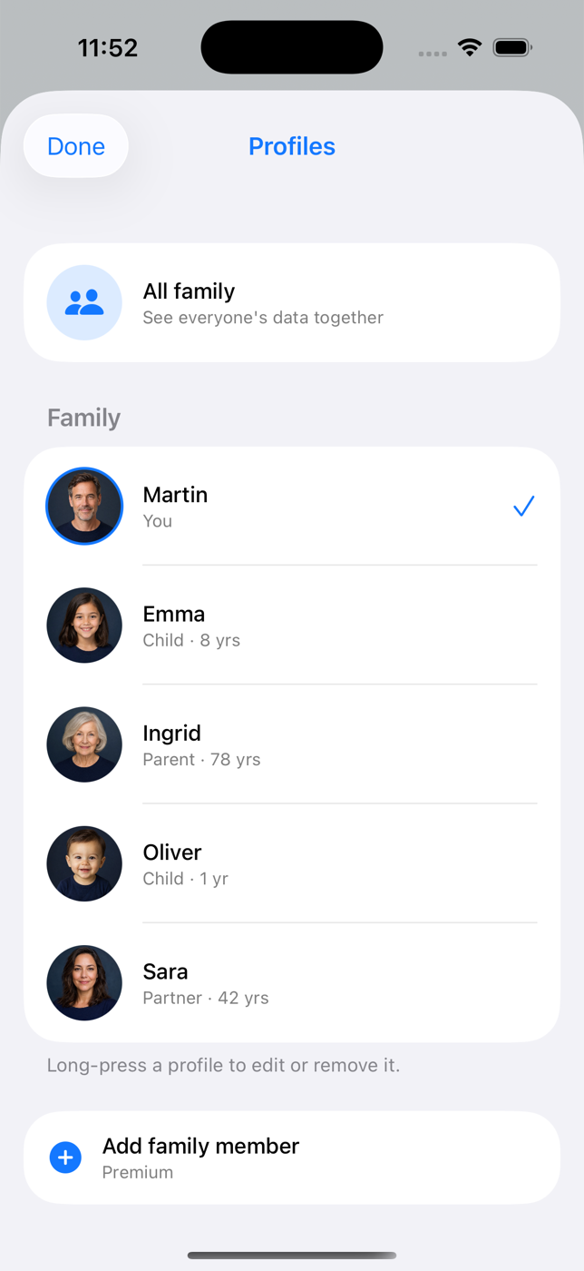 Family profile picker in HealthTimeline showing five family members