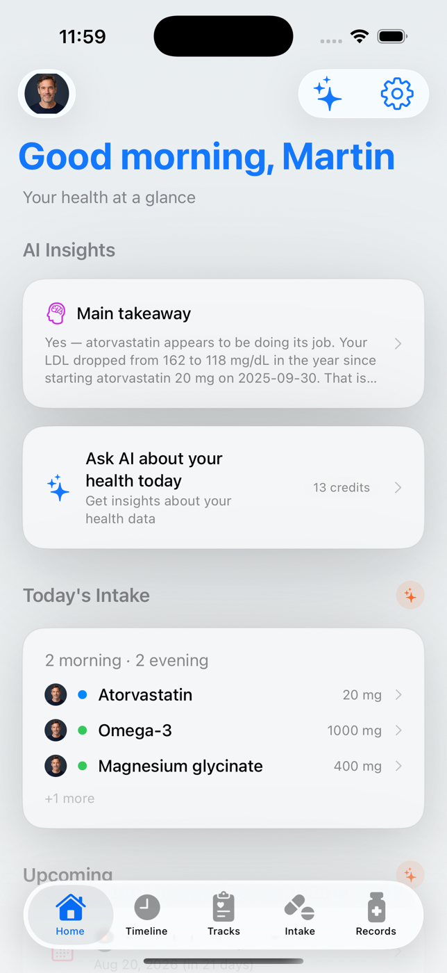 HealthTimeline home screen with AI insights and a daily health overview