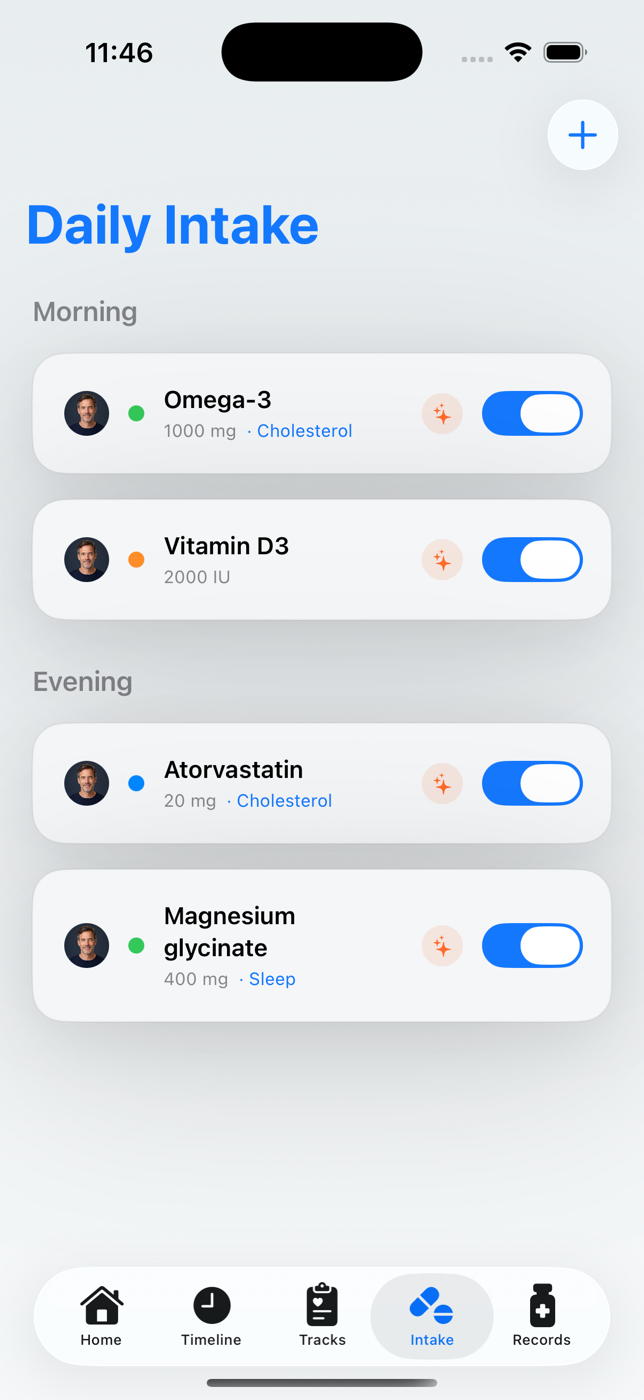 Daily Intake screen in HealthTimeline with supplements and doses