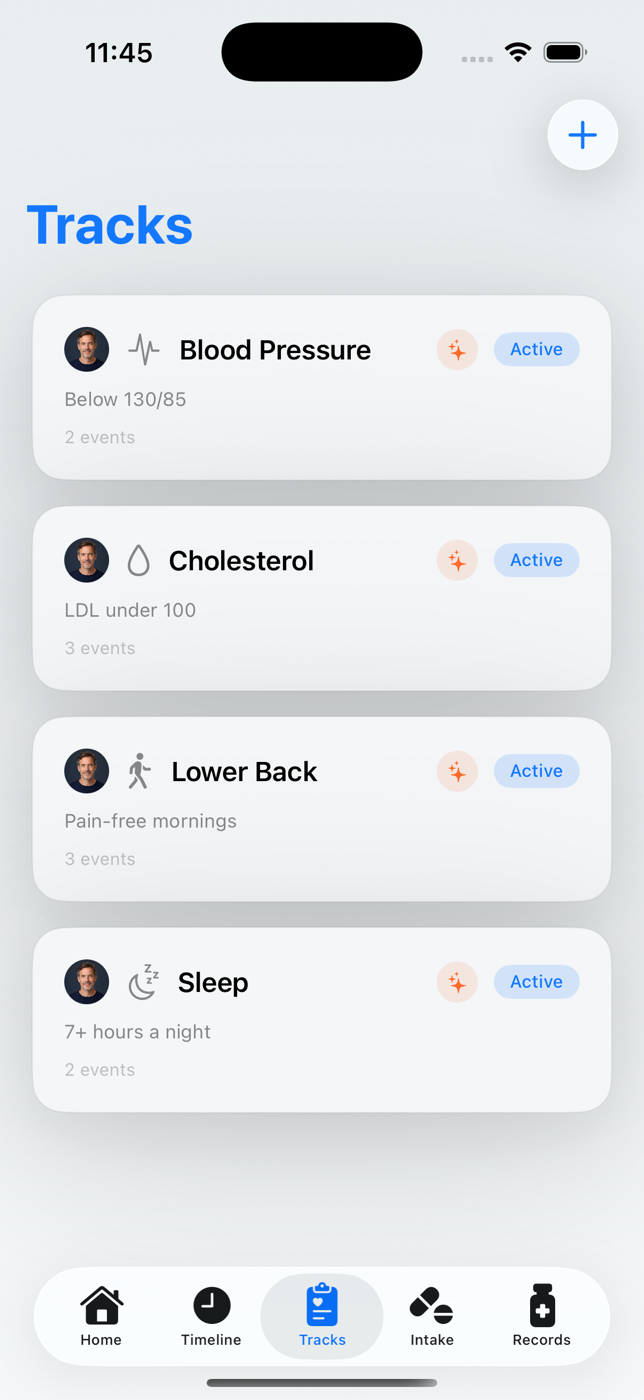 Tracks screen in HealthTimeline showing several active health topics