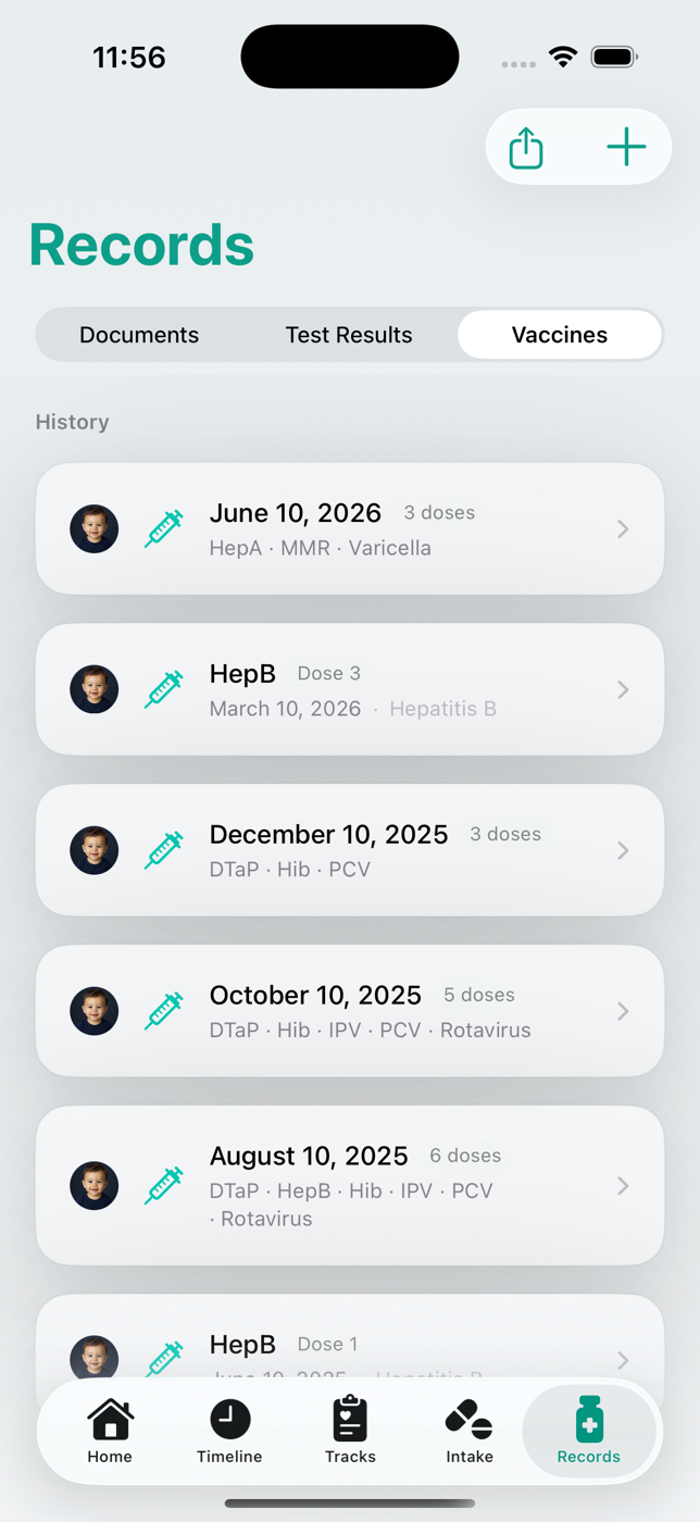 Vaccine history in HealthTimeline, grouped by visit, for a one-year-old